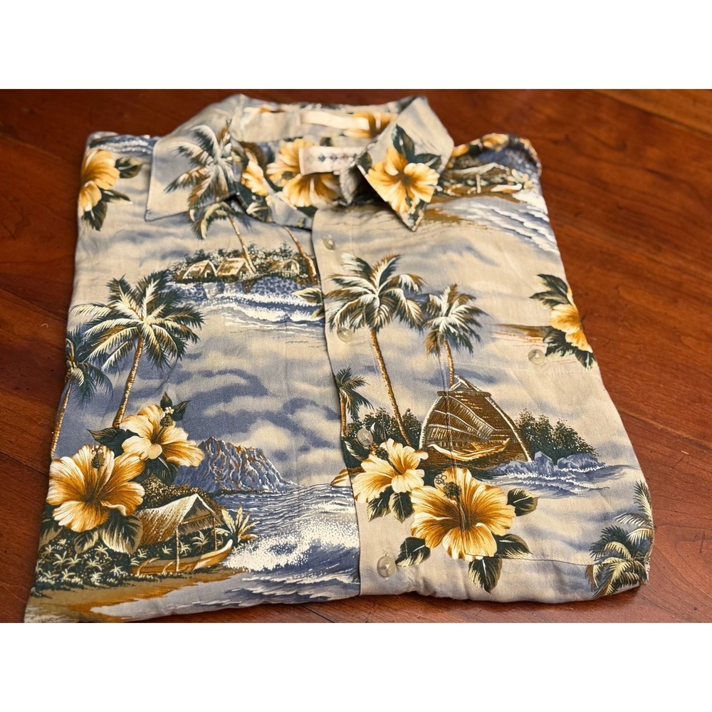 Vintage Campia Moda Hawaiian Shirt Mens Large L Rayon Beach Huts Palm Tree